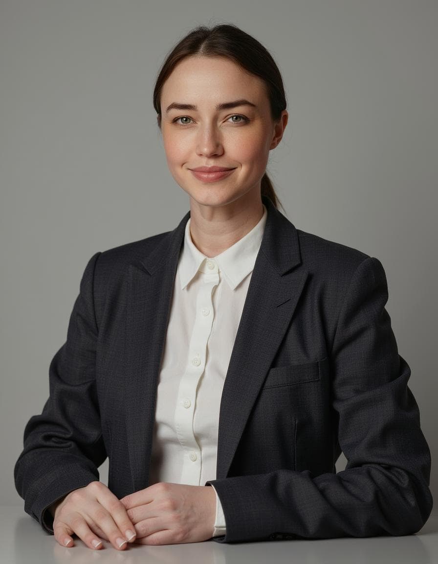 Three-quarter angle professional portrait with soft grey background