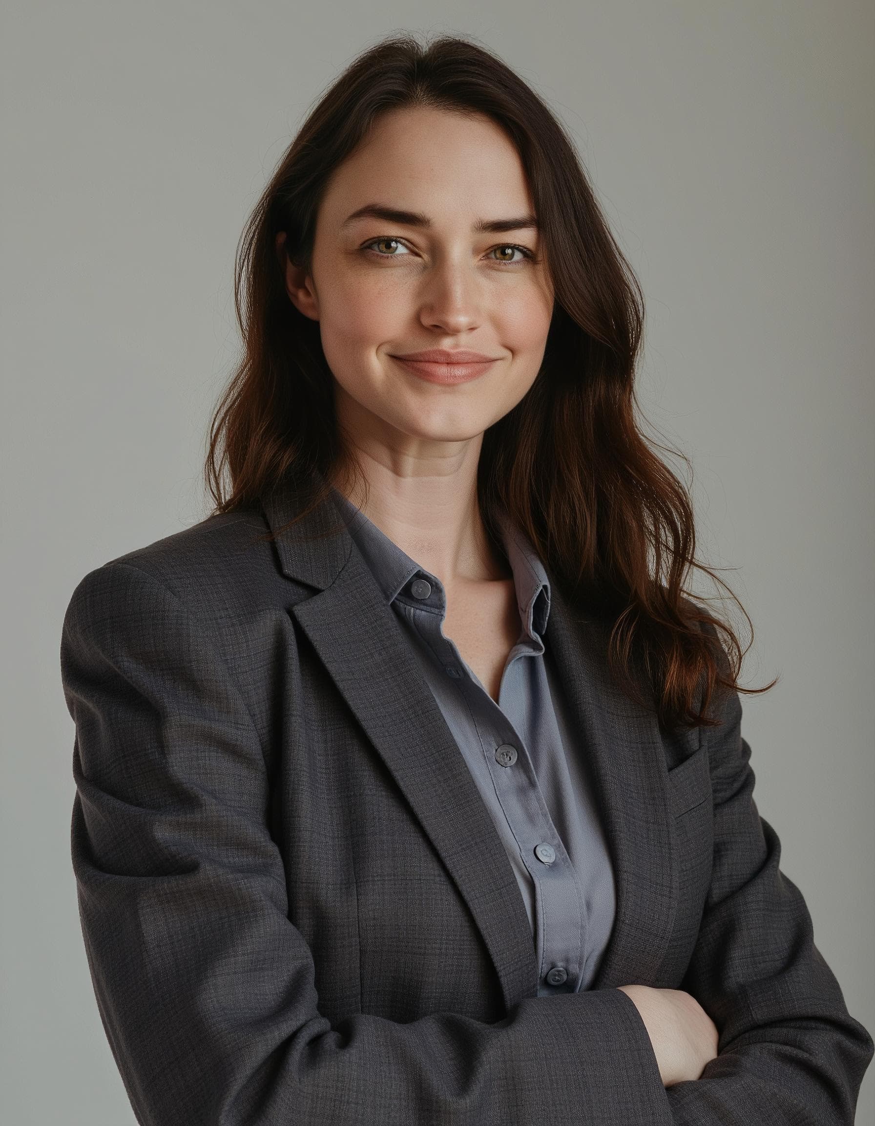 Proper chest-up headshot framing showing correct eye placement and body angle