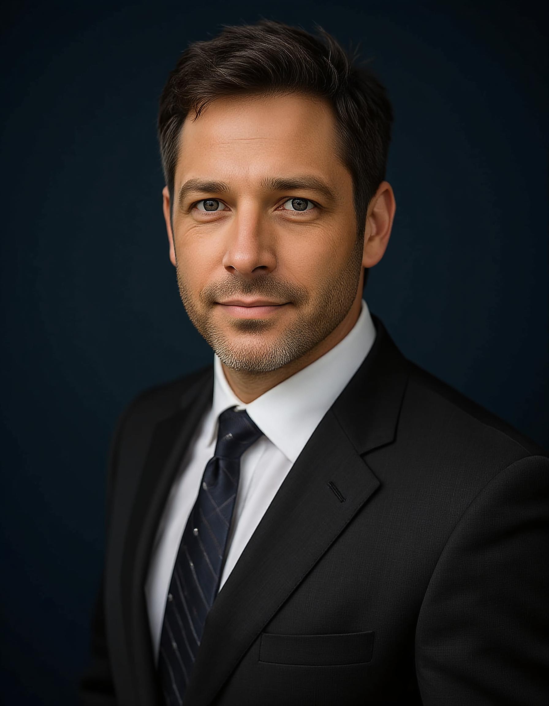 Professional AI headshot in navy blazer with neutral studio background